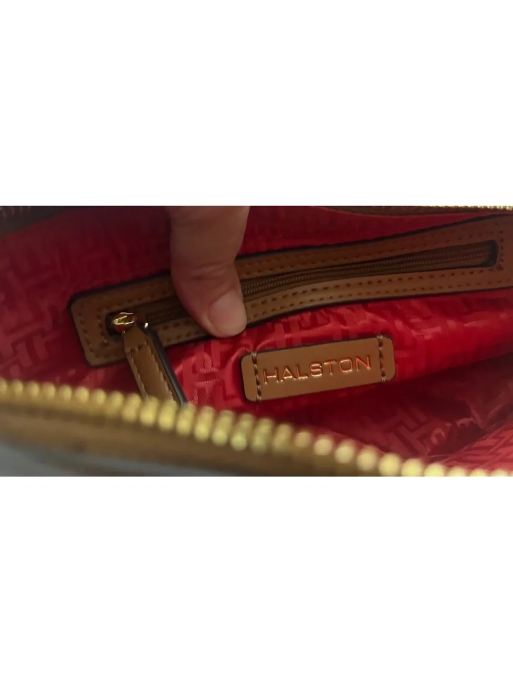 Halston Peebled Hobo Conac Leather Purse w-Shouder Strap Gold Logo Hardware